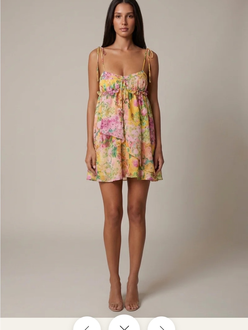 Floral Tie-Shoulder Mini Dress in Pastel Yellow and Pink